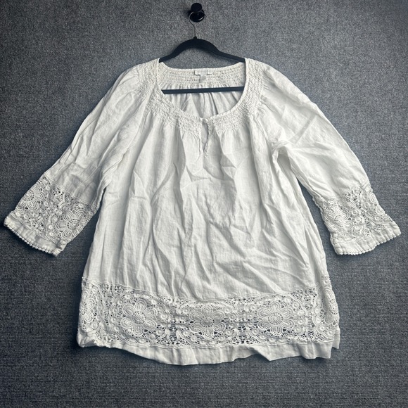 Charter Club Tops - Charter Club Linen Lace Blouse Womens 2X White Boho Peasant Top Smocked‎ Crochet